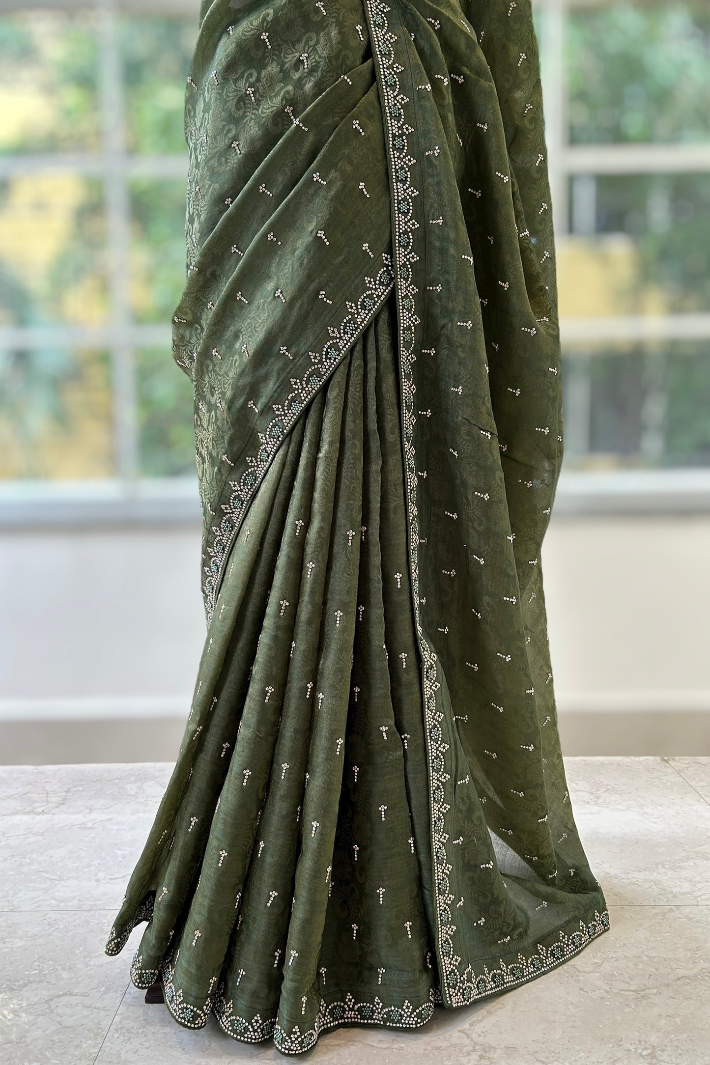 Self design organza silk saree - Olive green