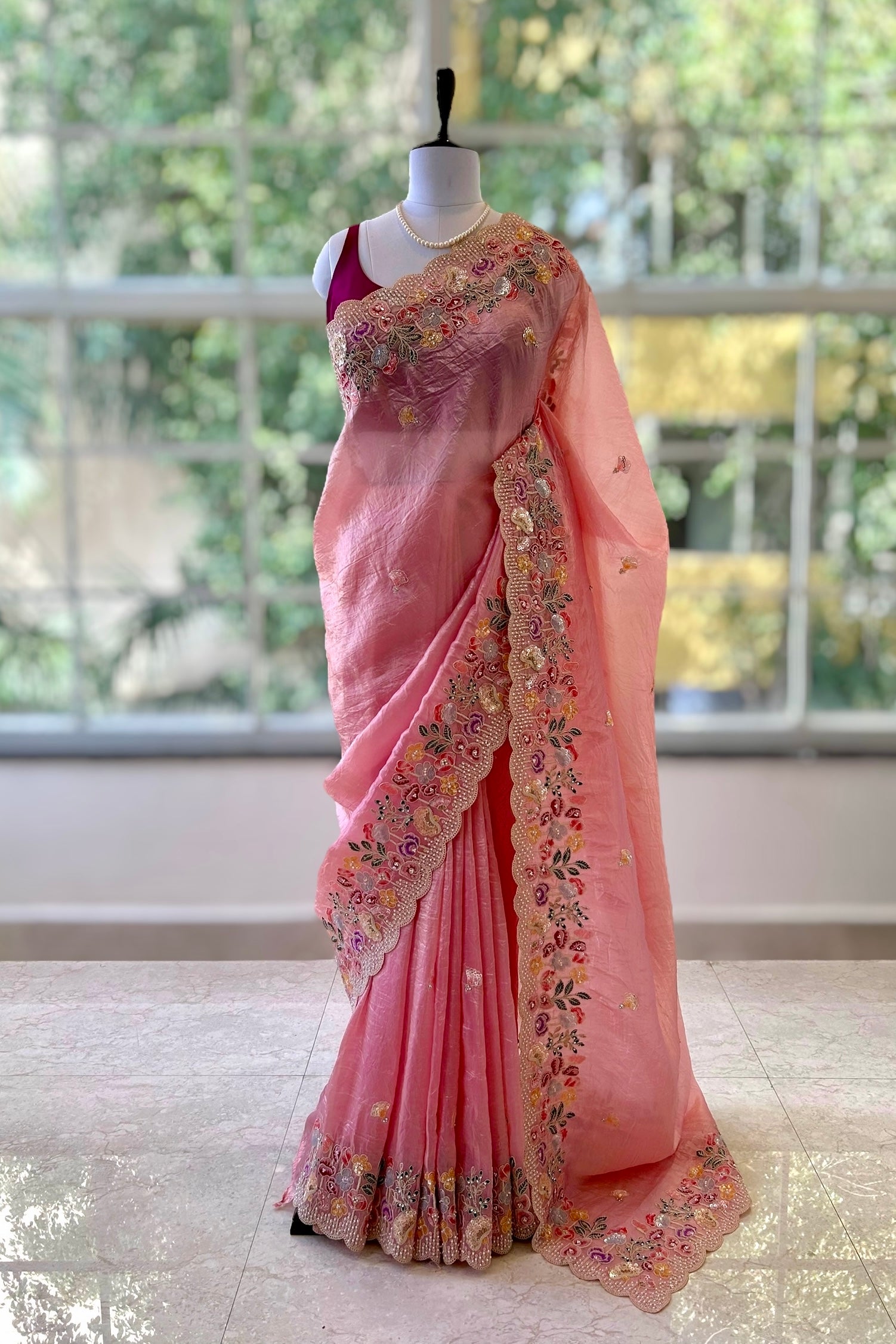Pearl embroidered organza saree - Pink