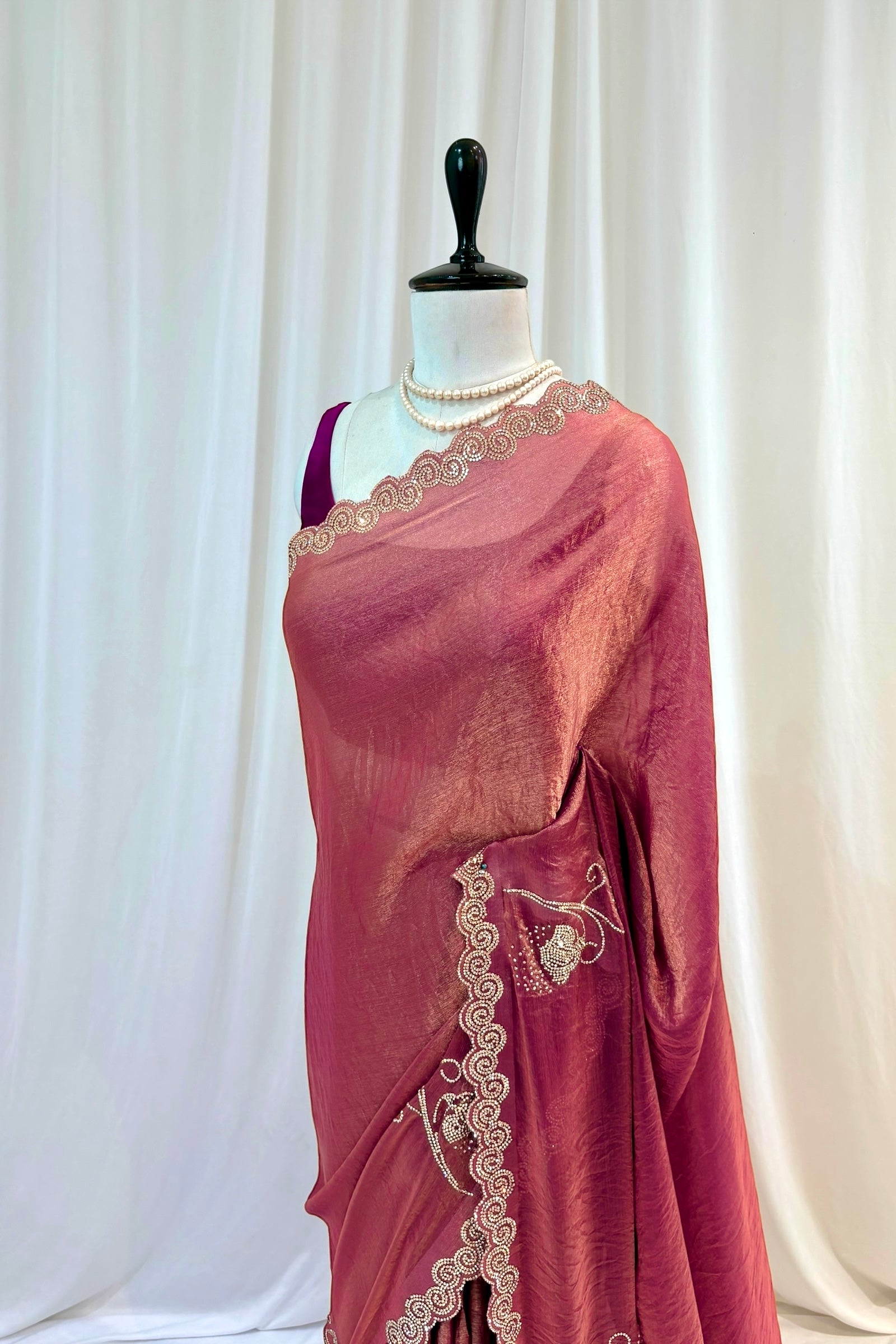 Peach embellished fendy chiffon saree