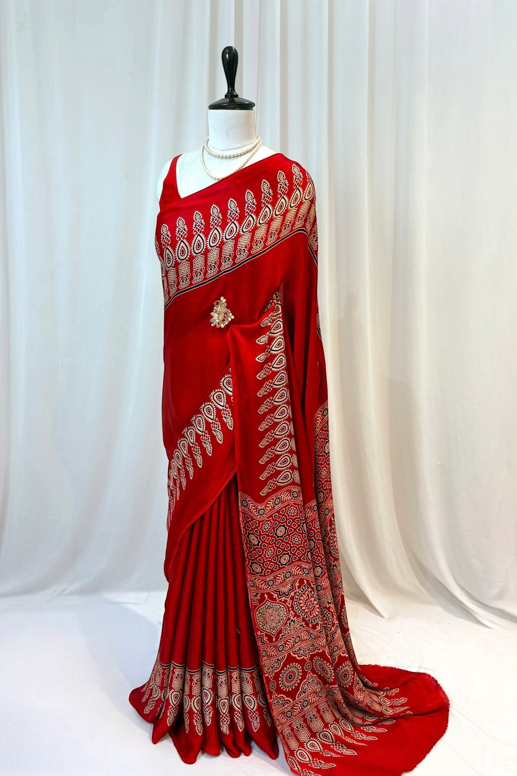 Modal silk embellished ajrakh saree - Red