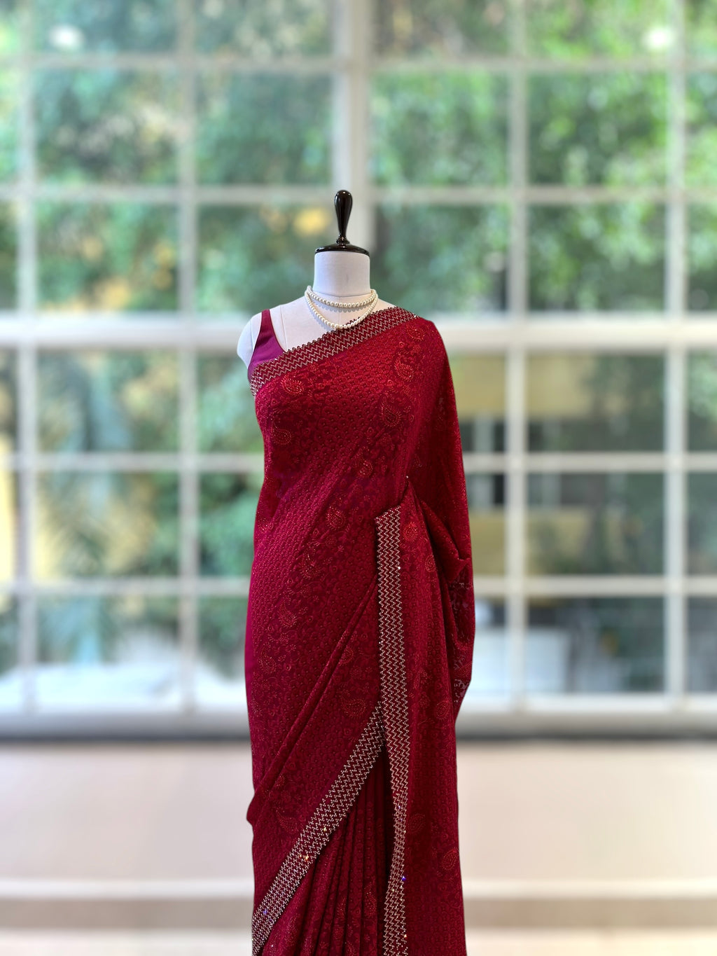 Embellished threadwork saree - Crimson