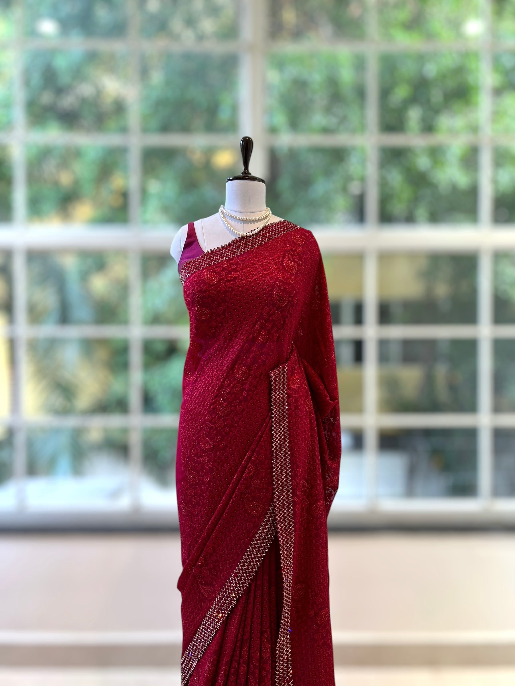 Embellished threadwork saree - Crimson