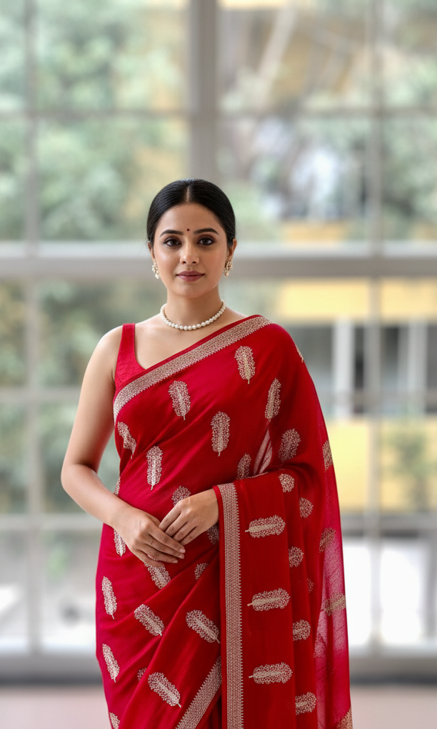 Red embroidered chiffon saree