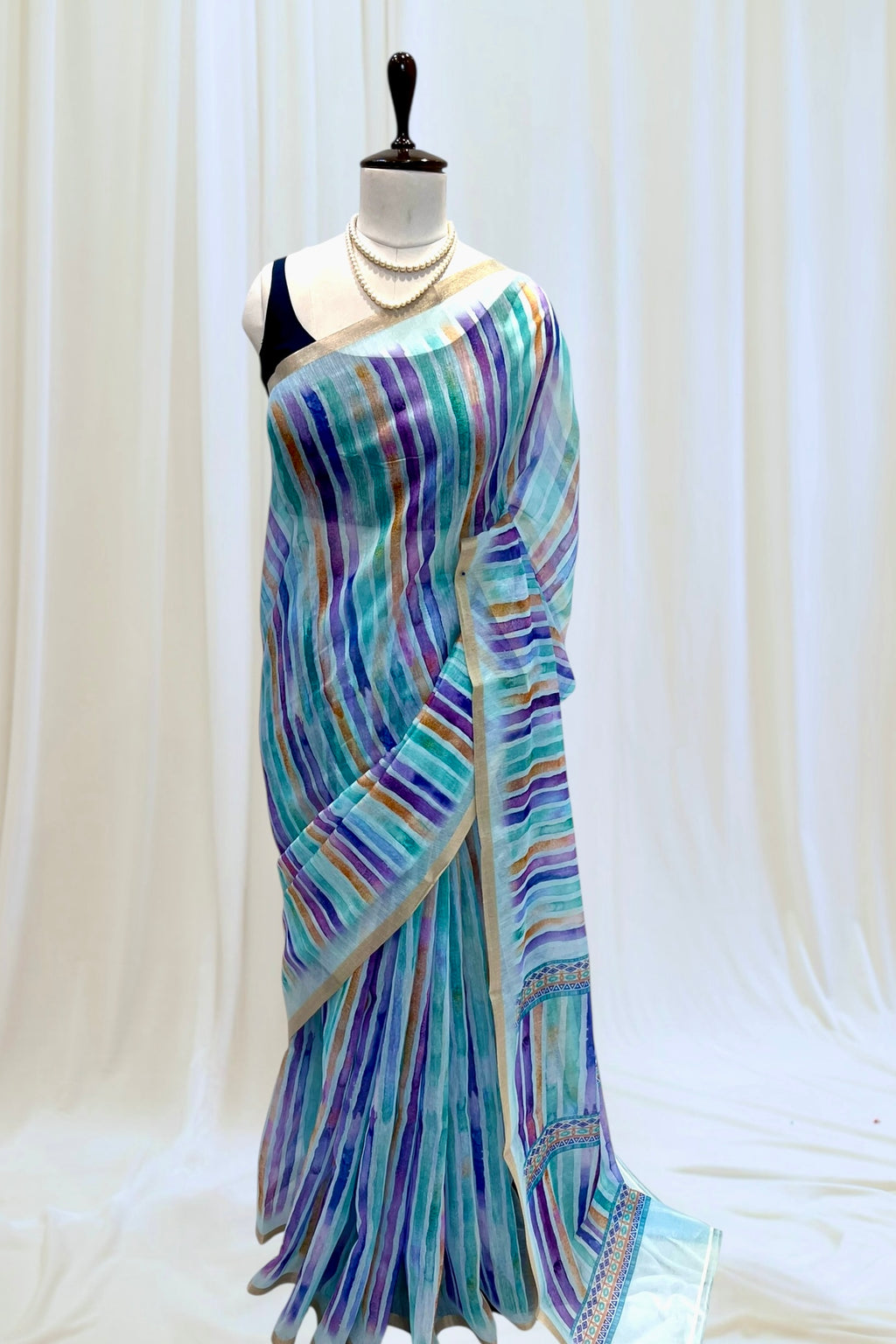 Stripes cotton linen saree - Blue