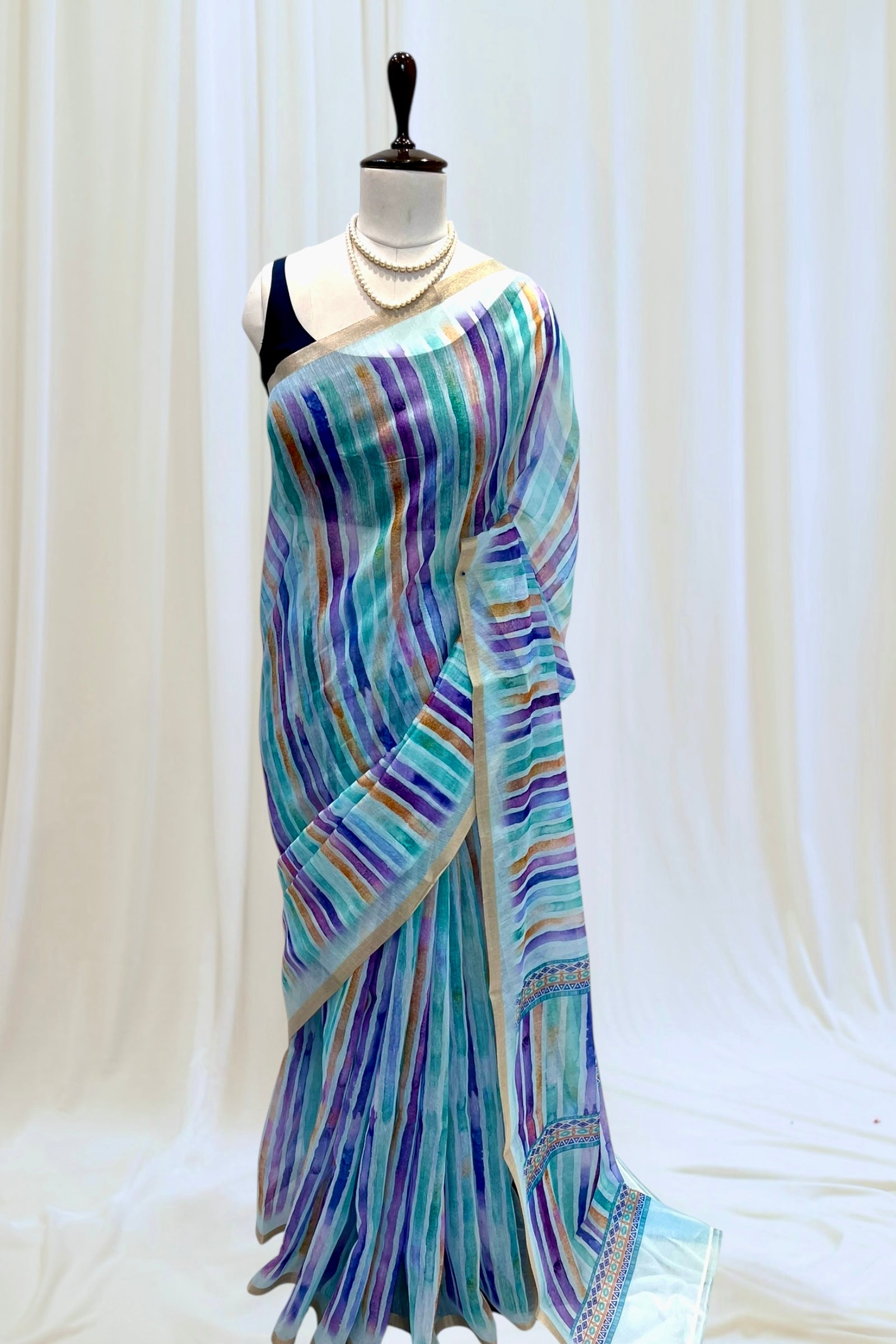 Stripes cotton linen saree - Blue