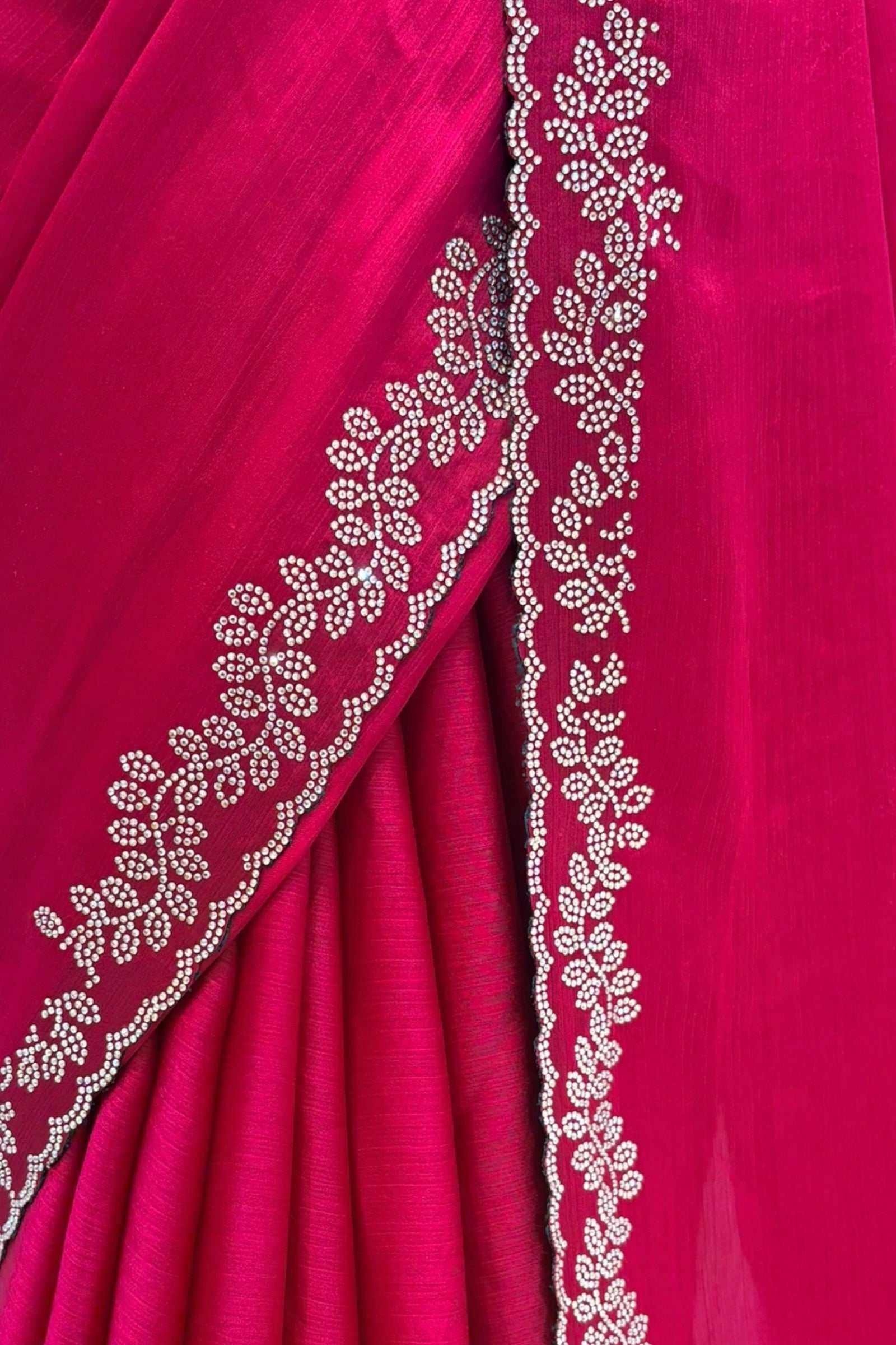 Minimalist swarovski chiffon saree - Ruby red
