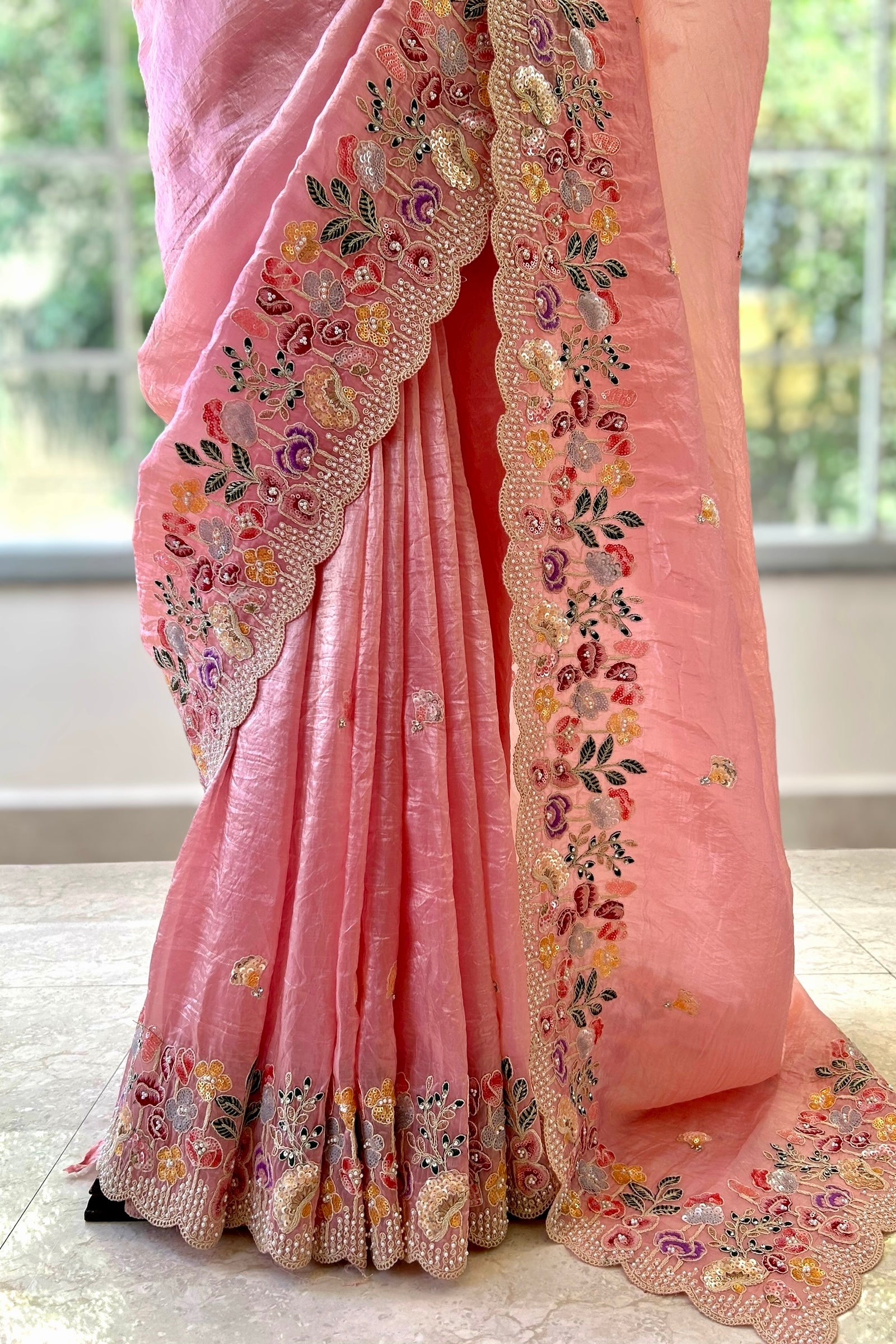 Pearl embroidered organza saree - Pink