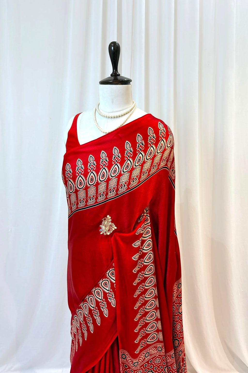 Modal silk embellished ajrakh saree - Red