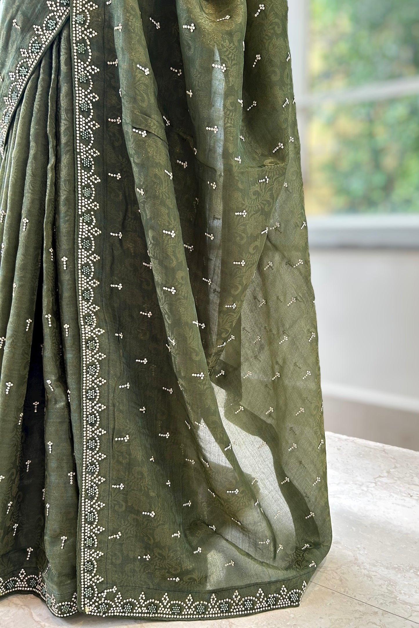 Self design organza silk saree - Olive green