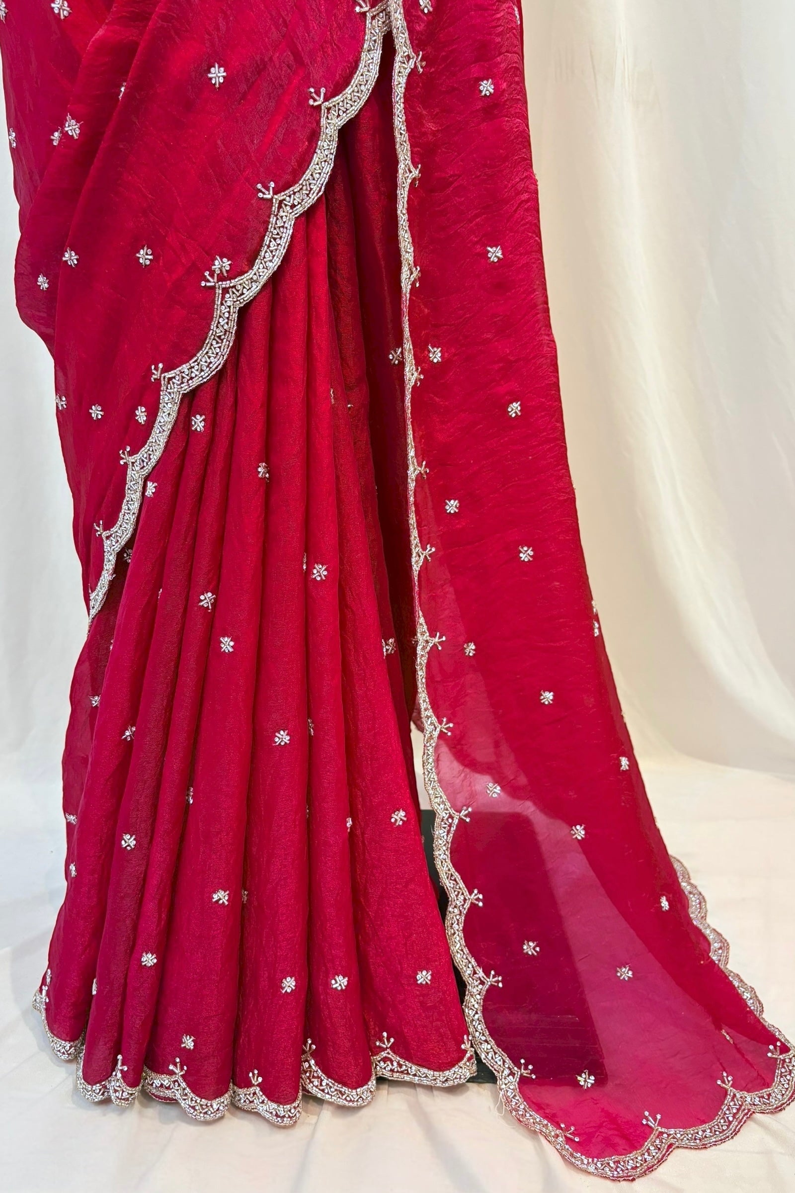 Crimson fendy cutwork saree