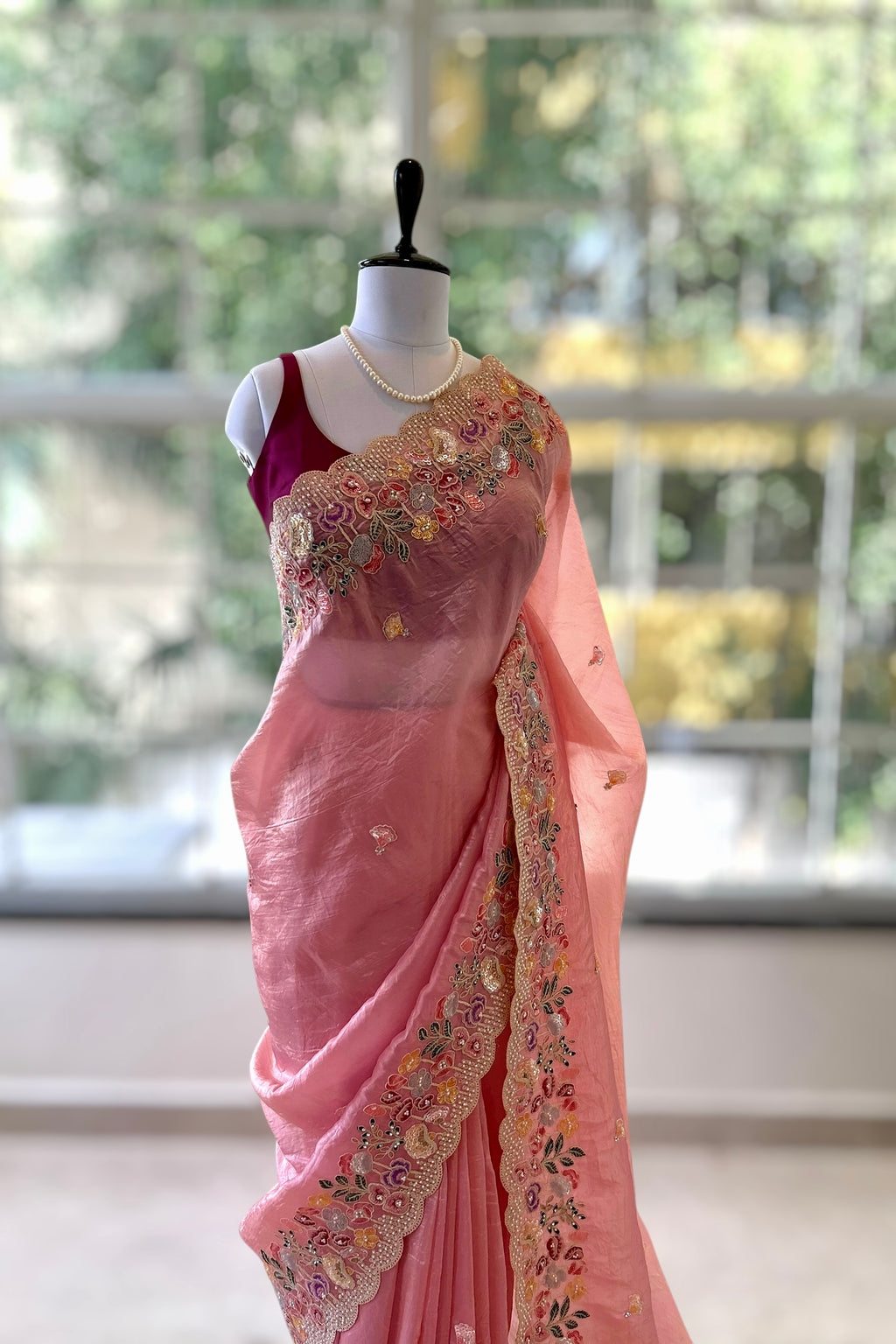 Pearl embroidered organza saree - Pink