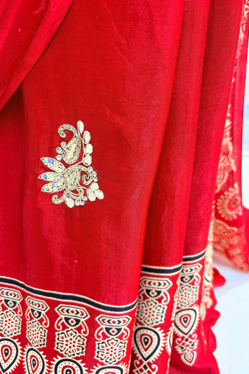 Modal silk embellished ajrakh saree - Red