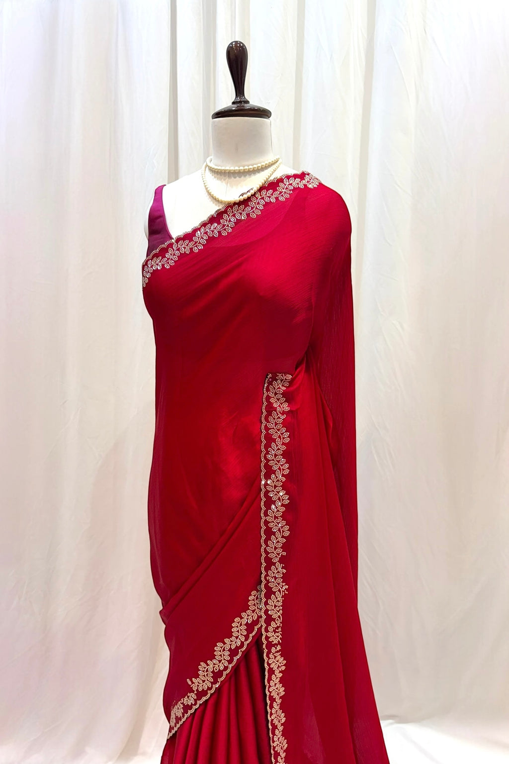 Minimalist swarovski chiffon saree - Ruby red