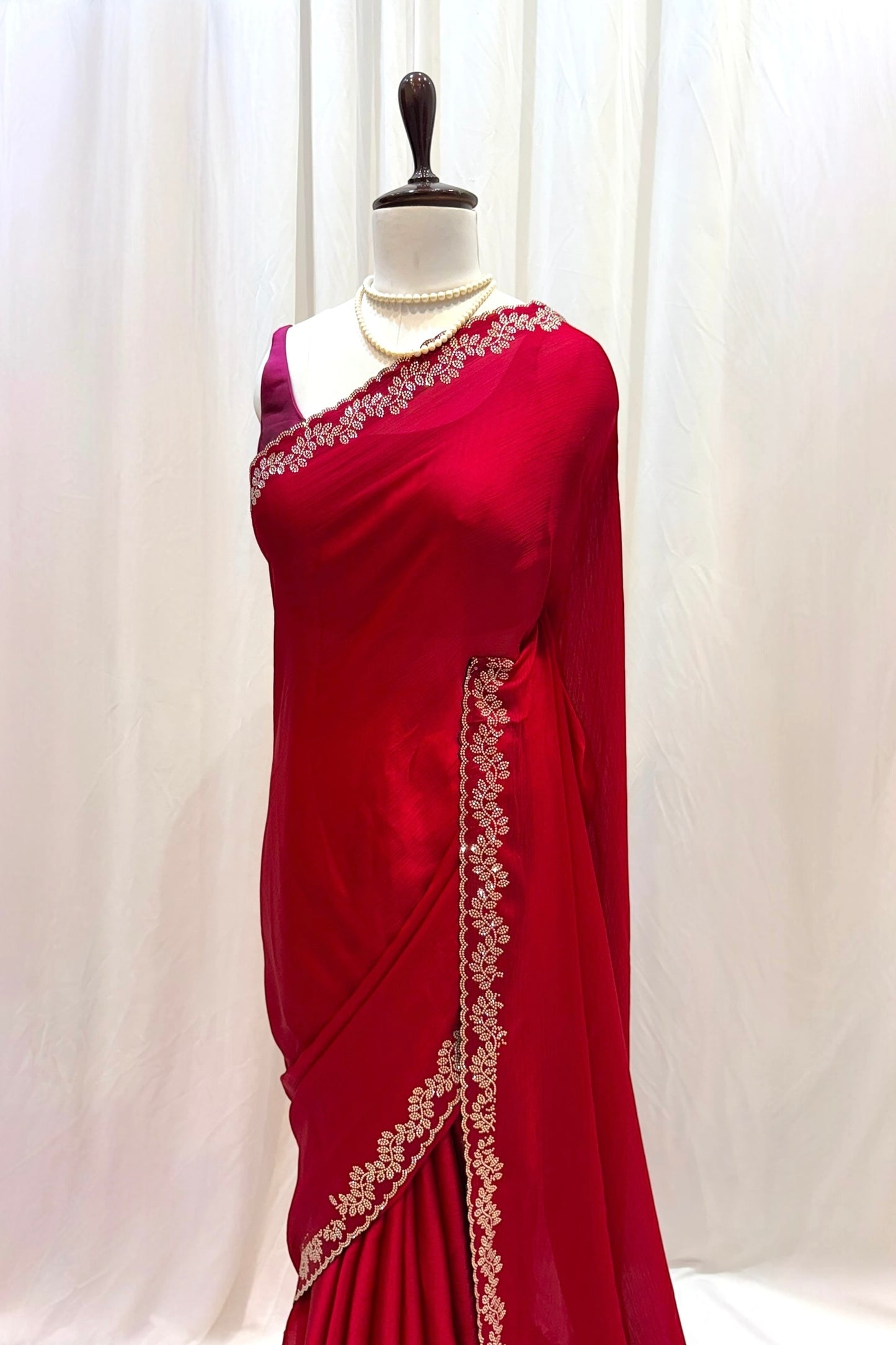 Minimalist swarovski chiffon saree - Ruby red