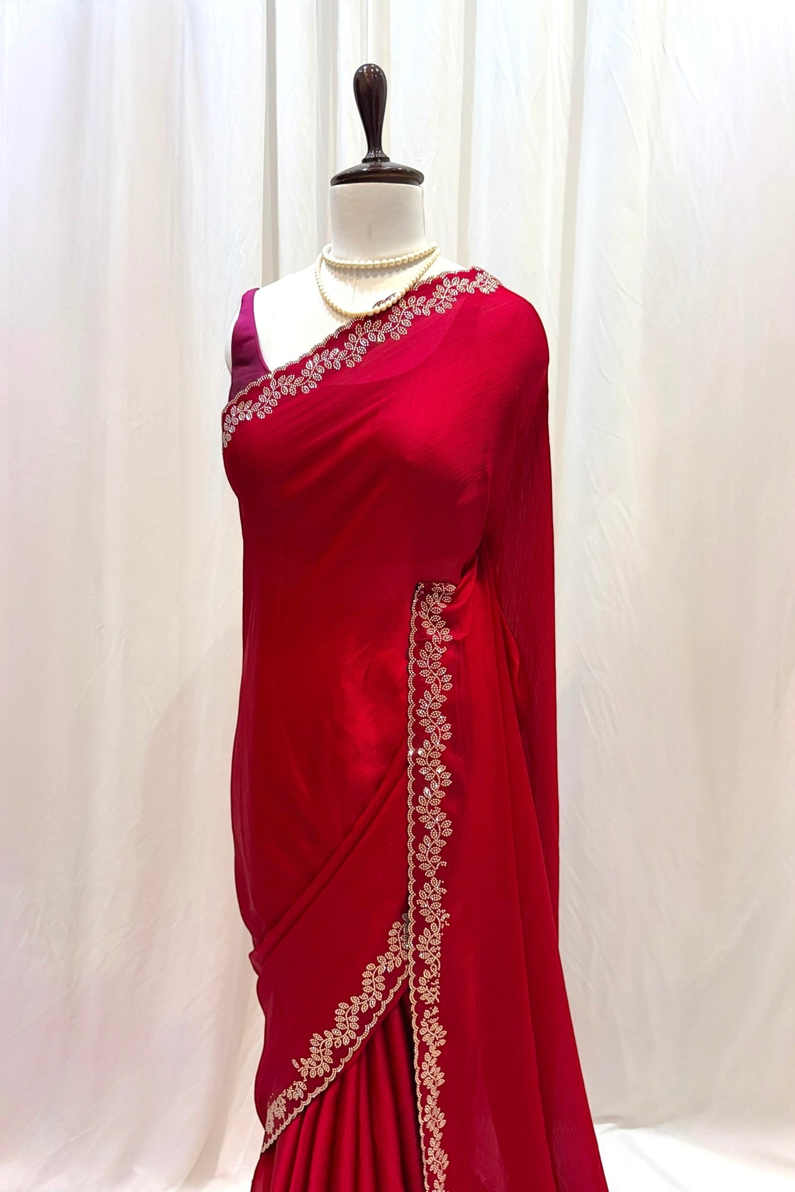 Minimalist swarovski chiffon saree - Ruby red