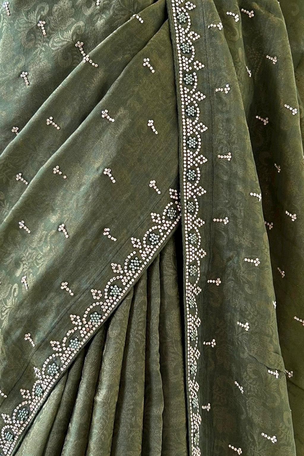 Self design organza silk saree - Olive green