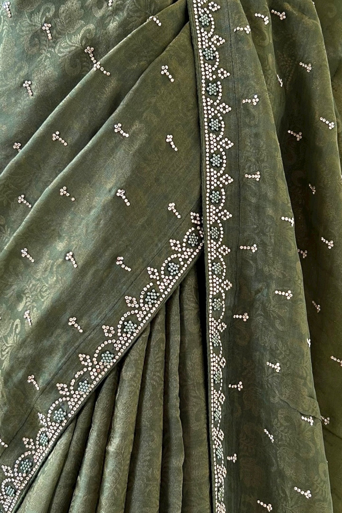Self design organza silk saree - Olive green
