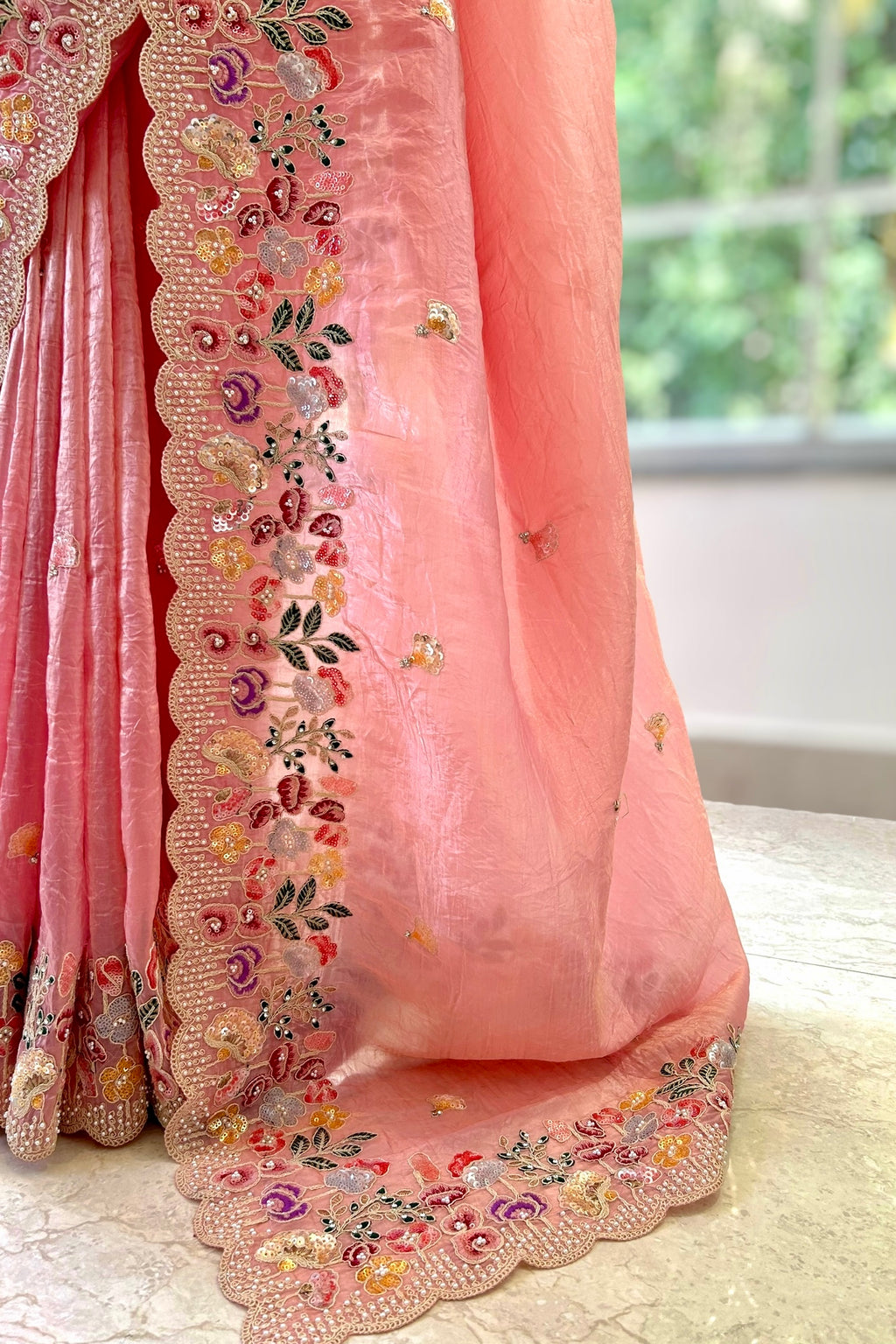 Pearl embroidered organza saree - Pink