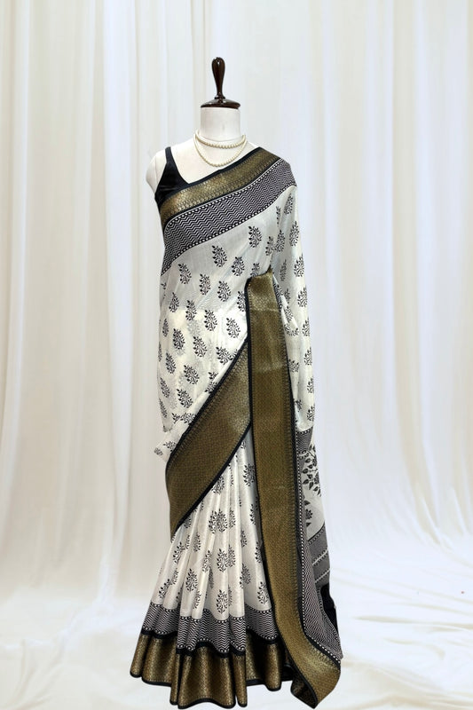 Block print muslin saree - Black