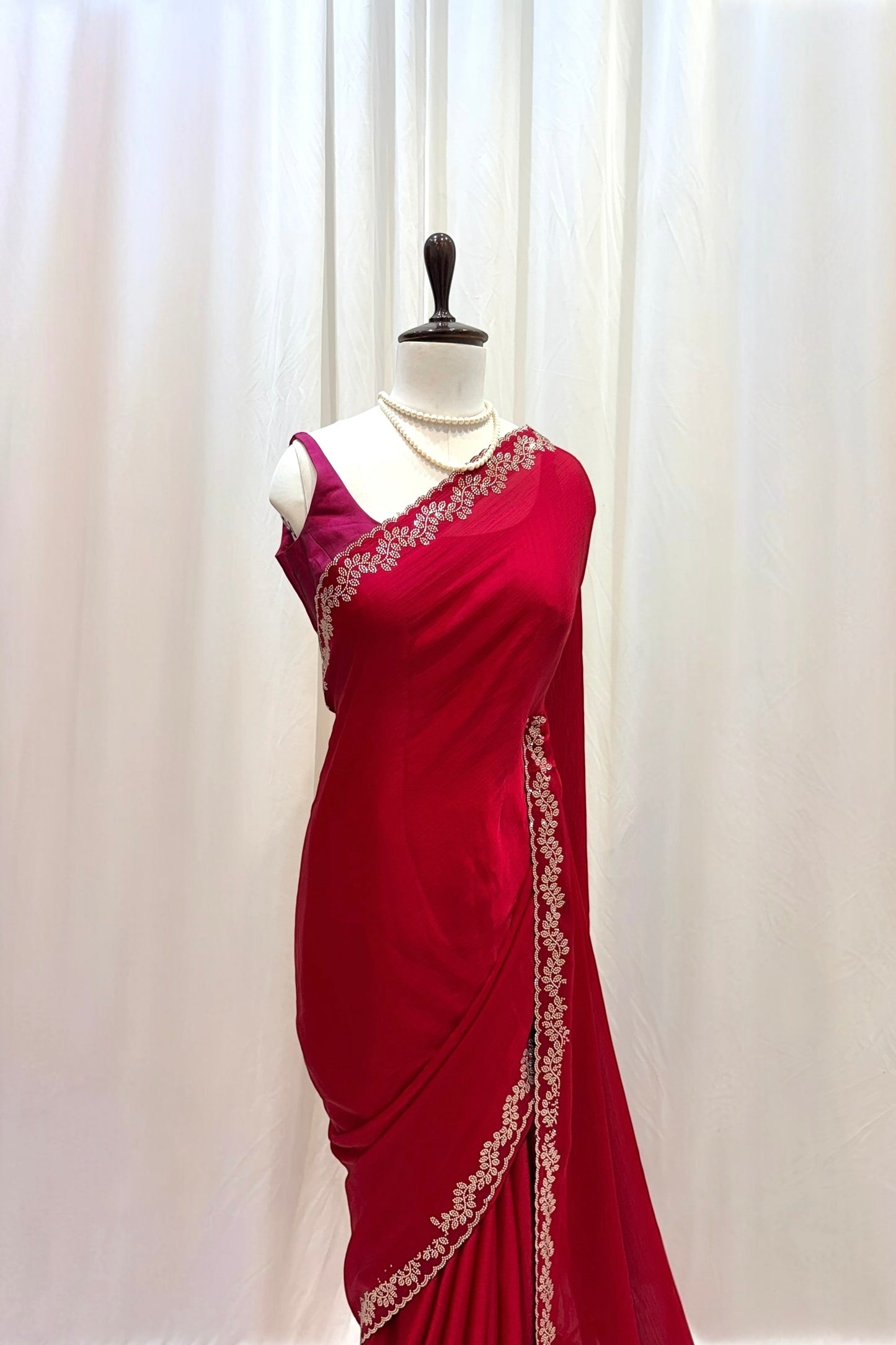 Minimalist swarovski chiffon saree - Ruby red