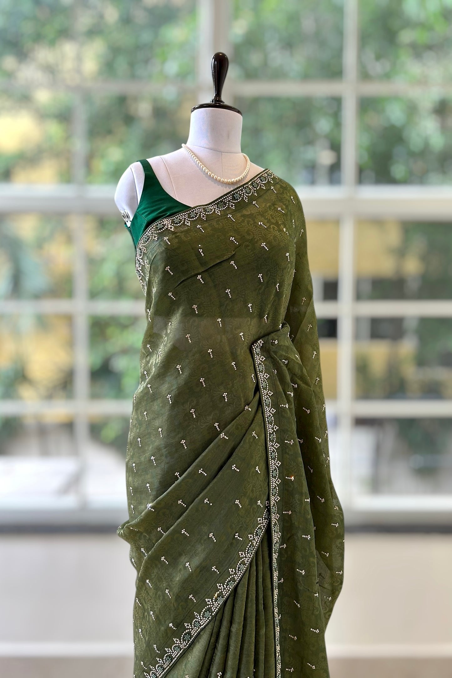 Self design organza silk saree - Olive green