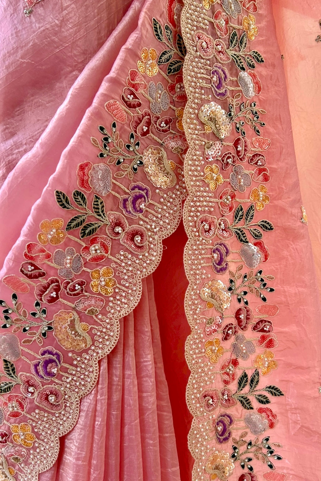 Pearl embroidered organza saree - Pink
