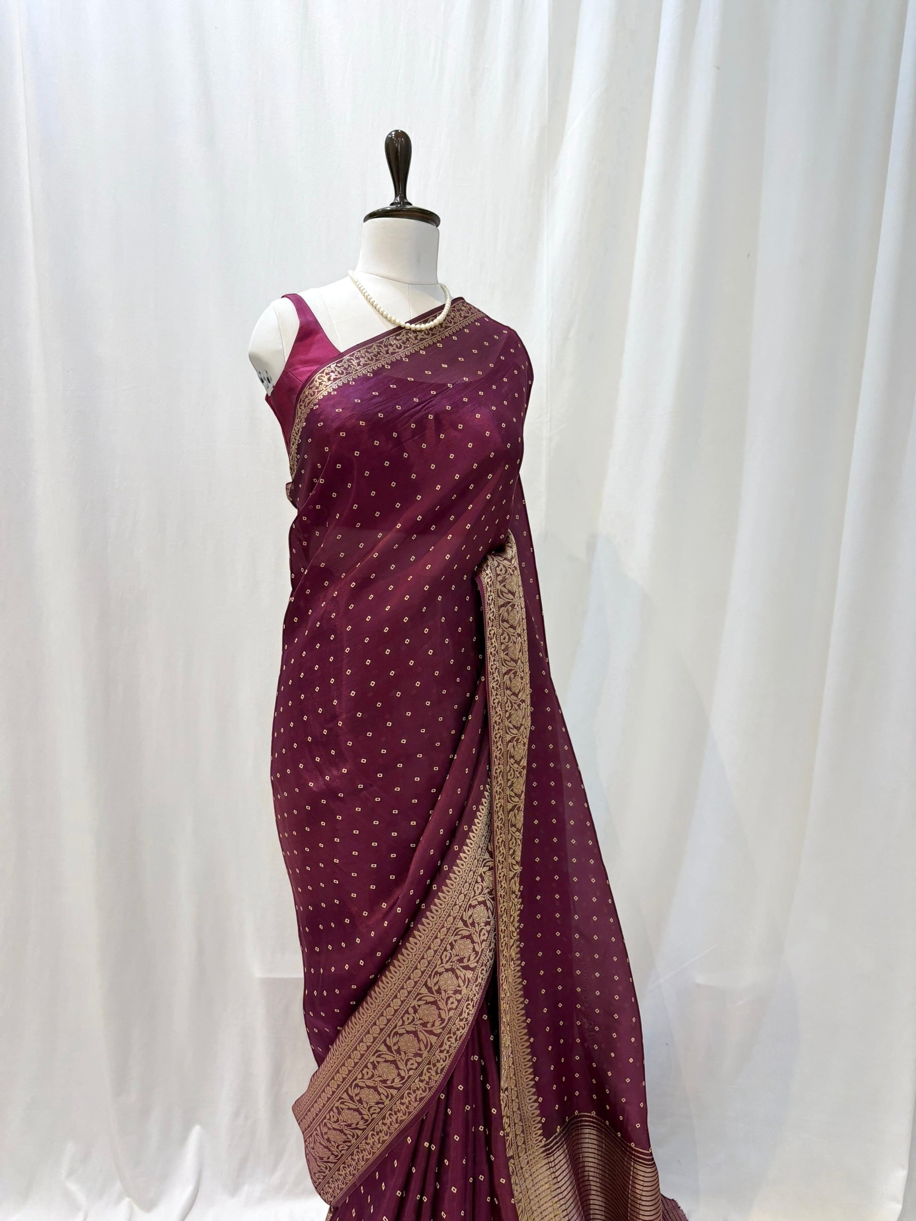 Bandhani print soft organza saree - Wine