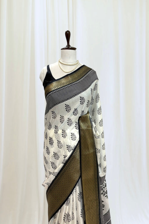 Block print muslin saree - Black