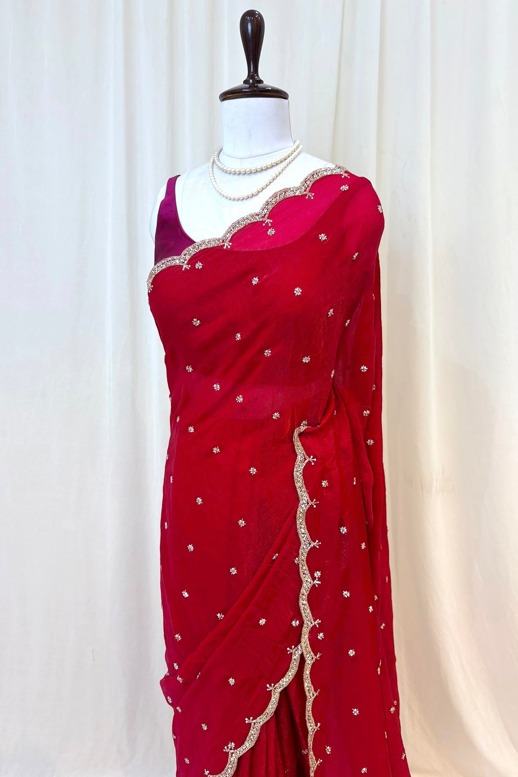 Crimson fendy cutwork saree