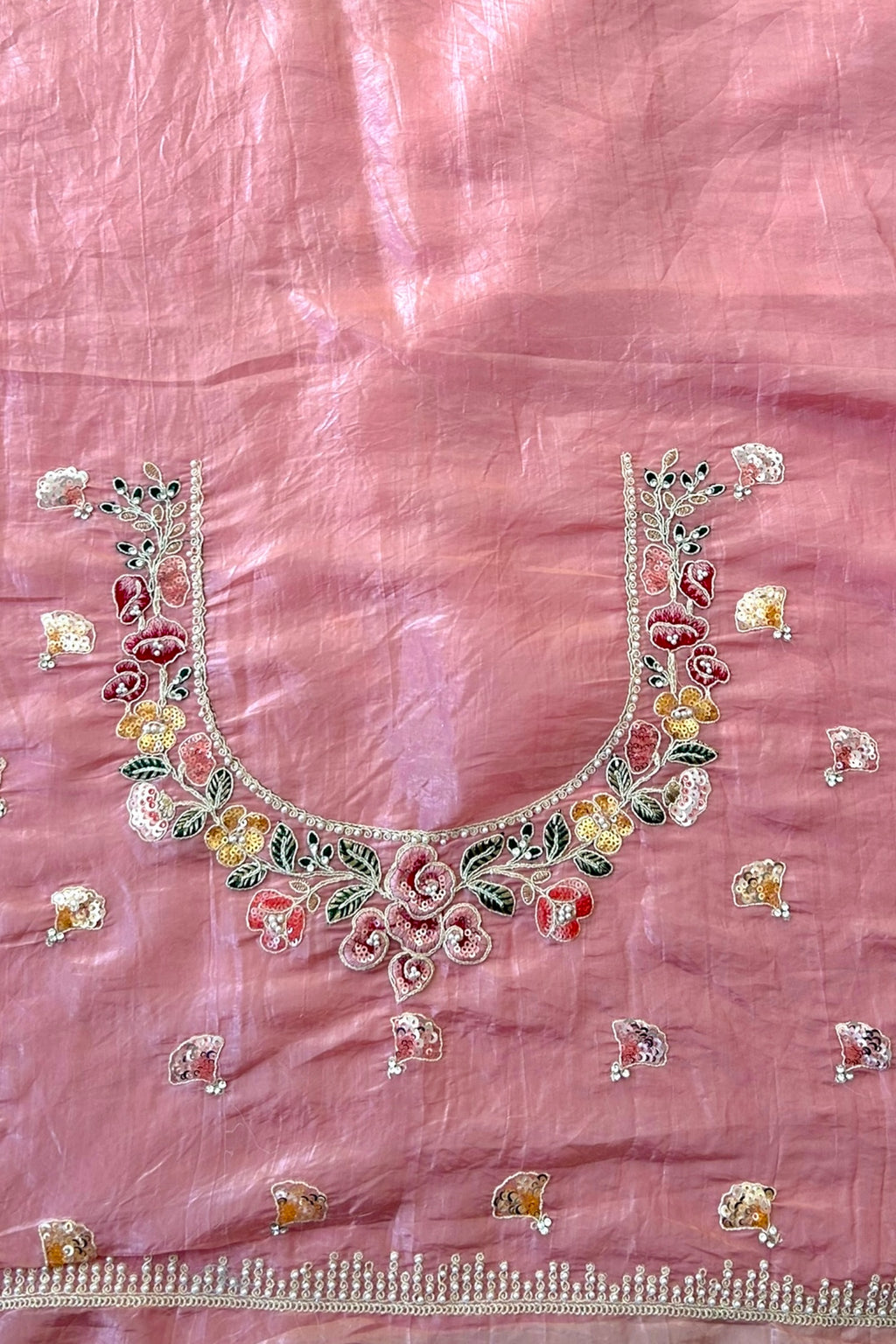 Pearl embroidered organza saree - Pink