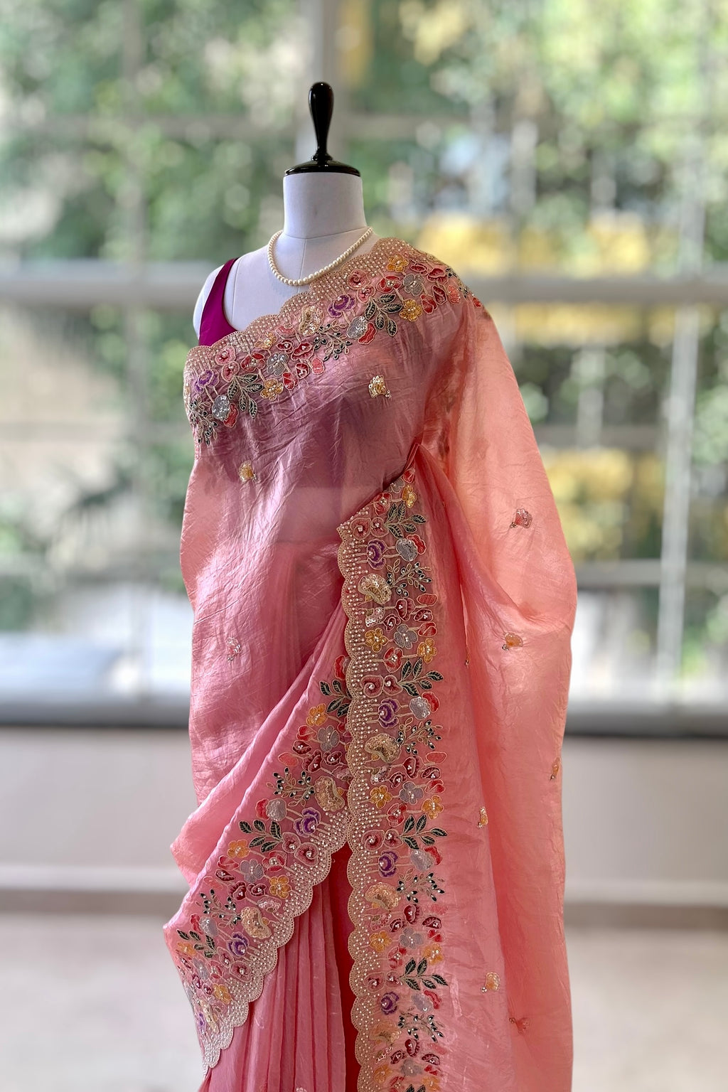Pearl embroidered organza saree - Pink