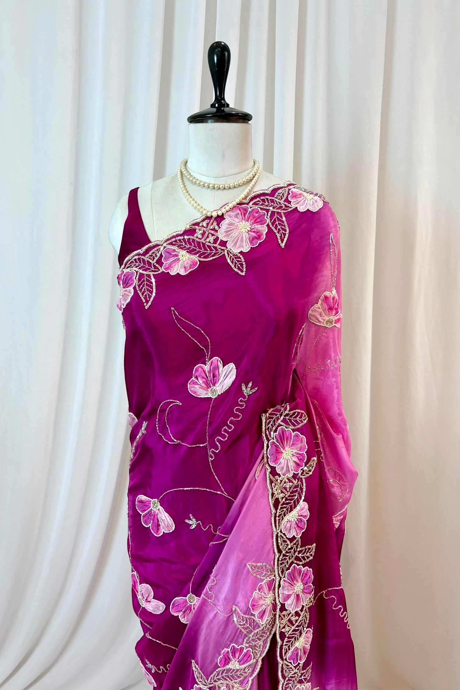 Soft satin organza shaded sequins saree -