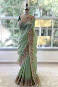 Pearl embroidered organza saree - Green