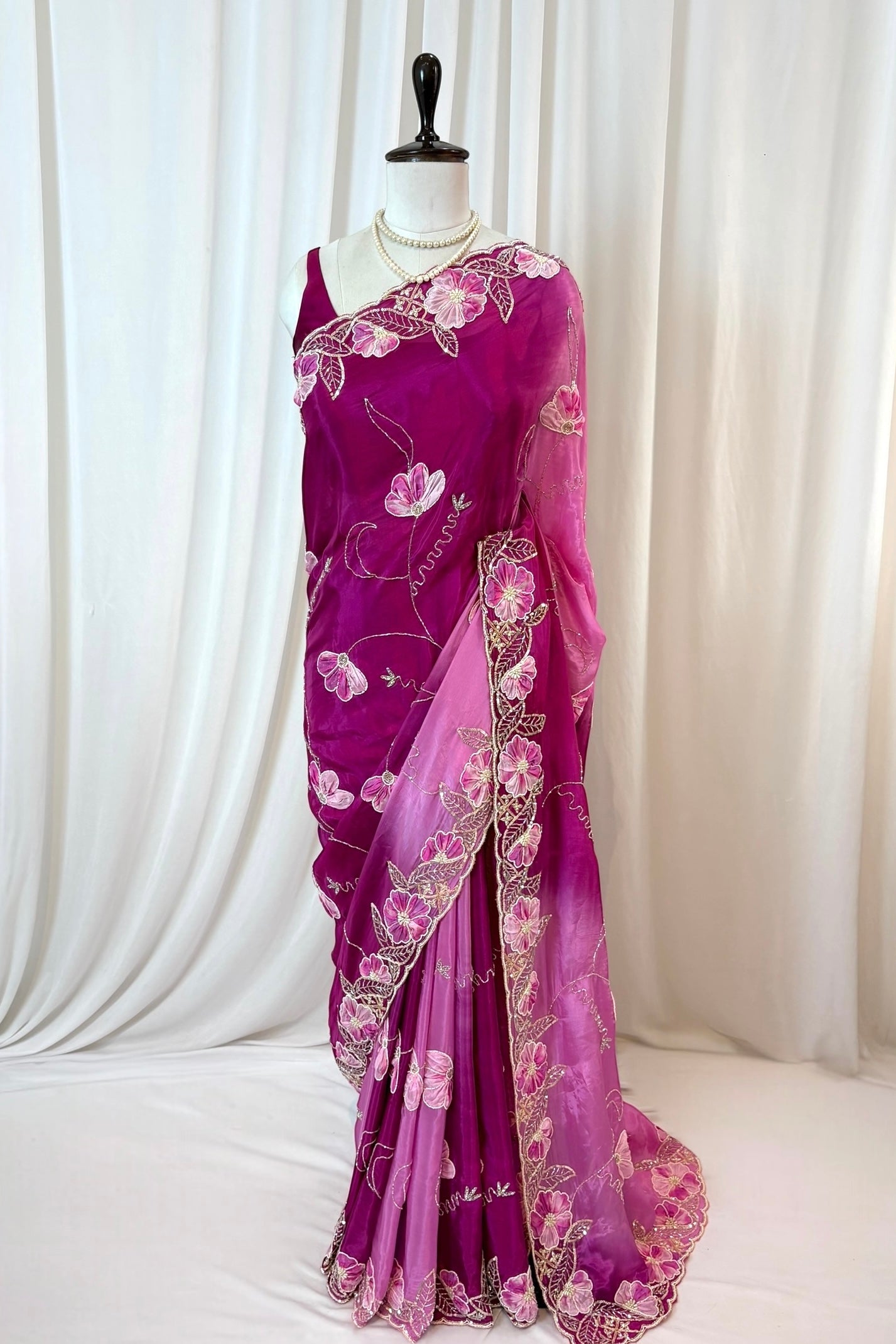 Soft satin organza shaded sequins saree -