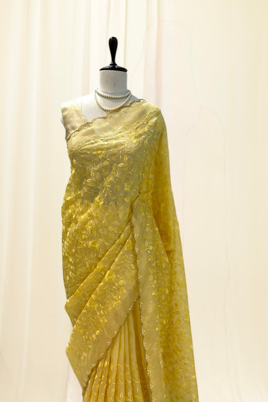 Pearl embroidered organza saree - Lime yellow