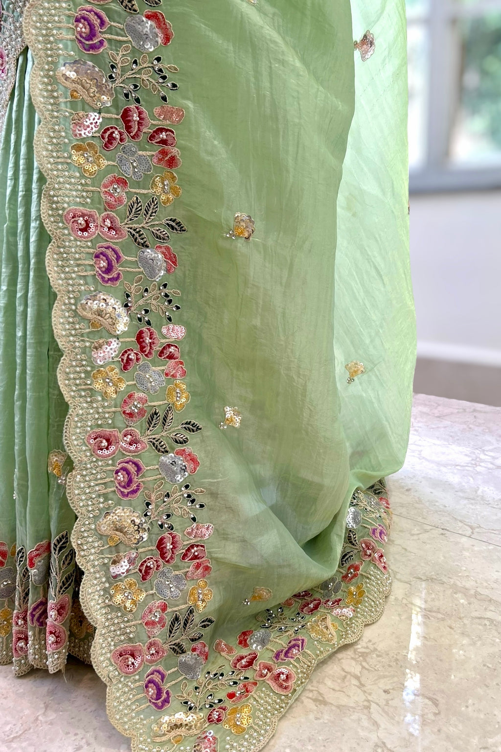 Pearl embroidered organza saree - Green