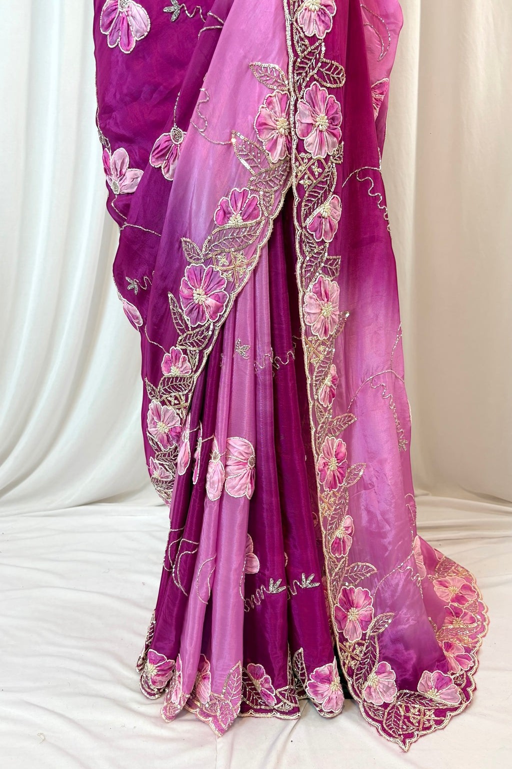 Soft satin organza shaded sequins saree -