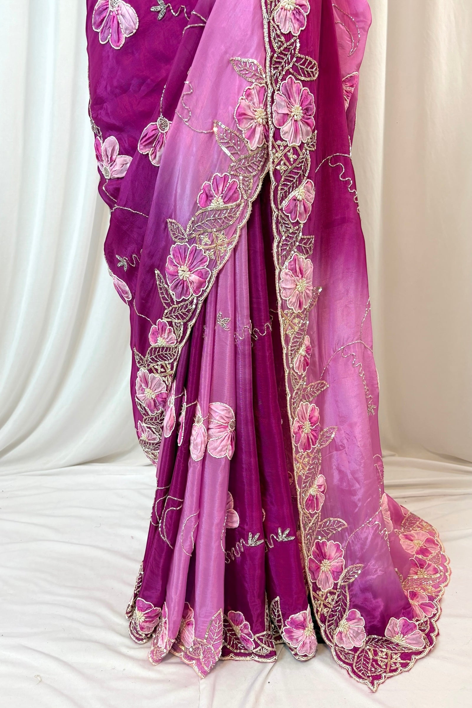 Soft satin organza shaded sequins saree -