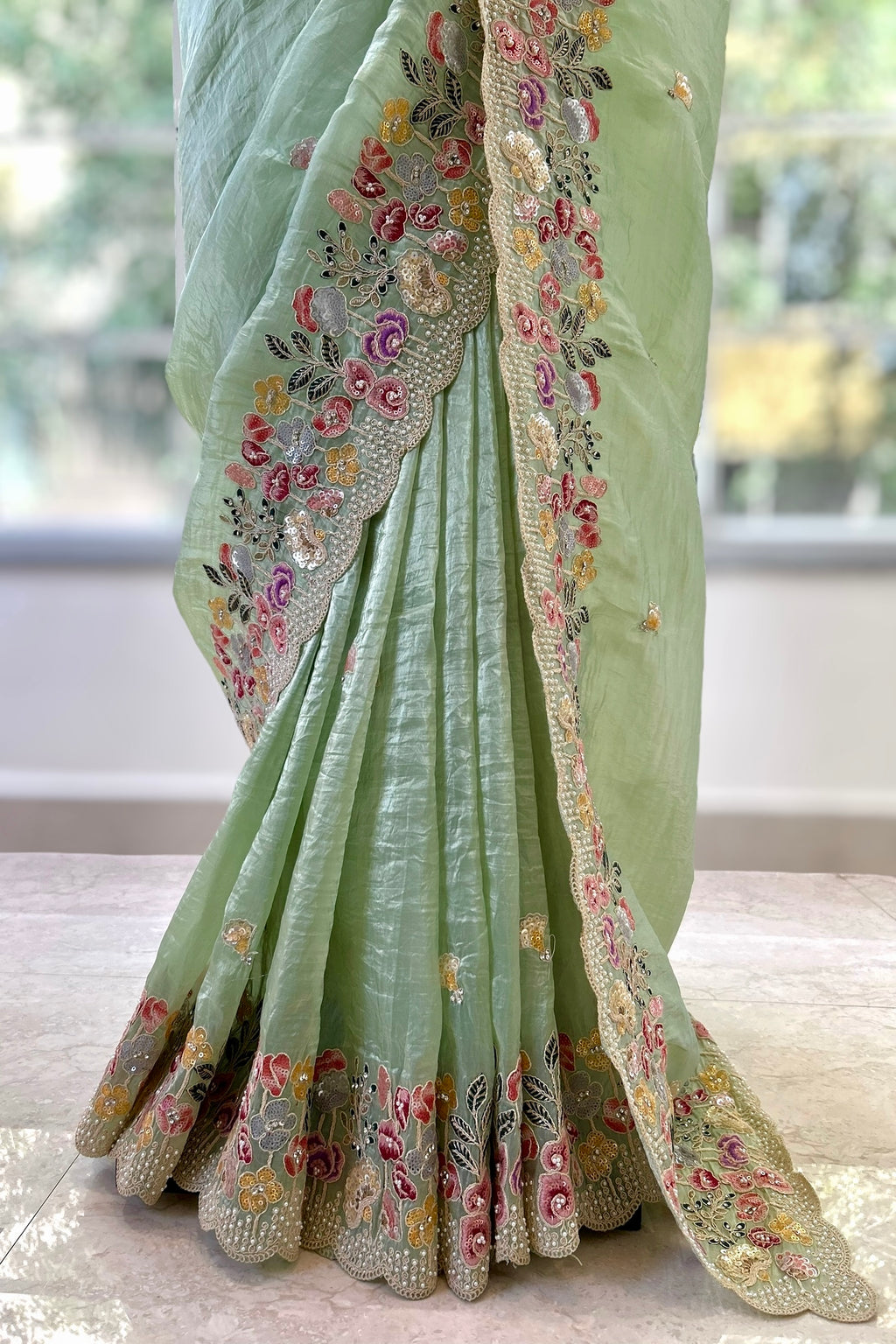 Pearl embroidered organza saree - Green