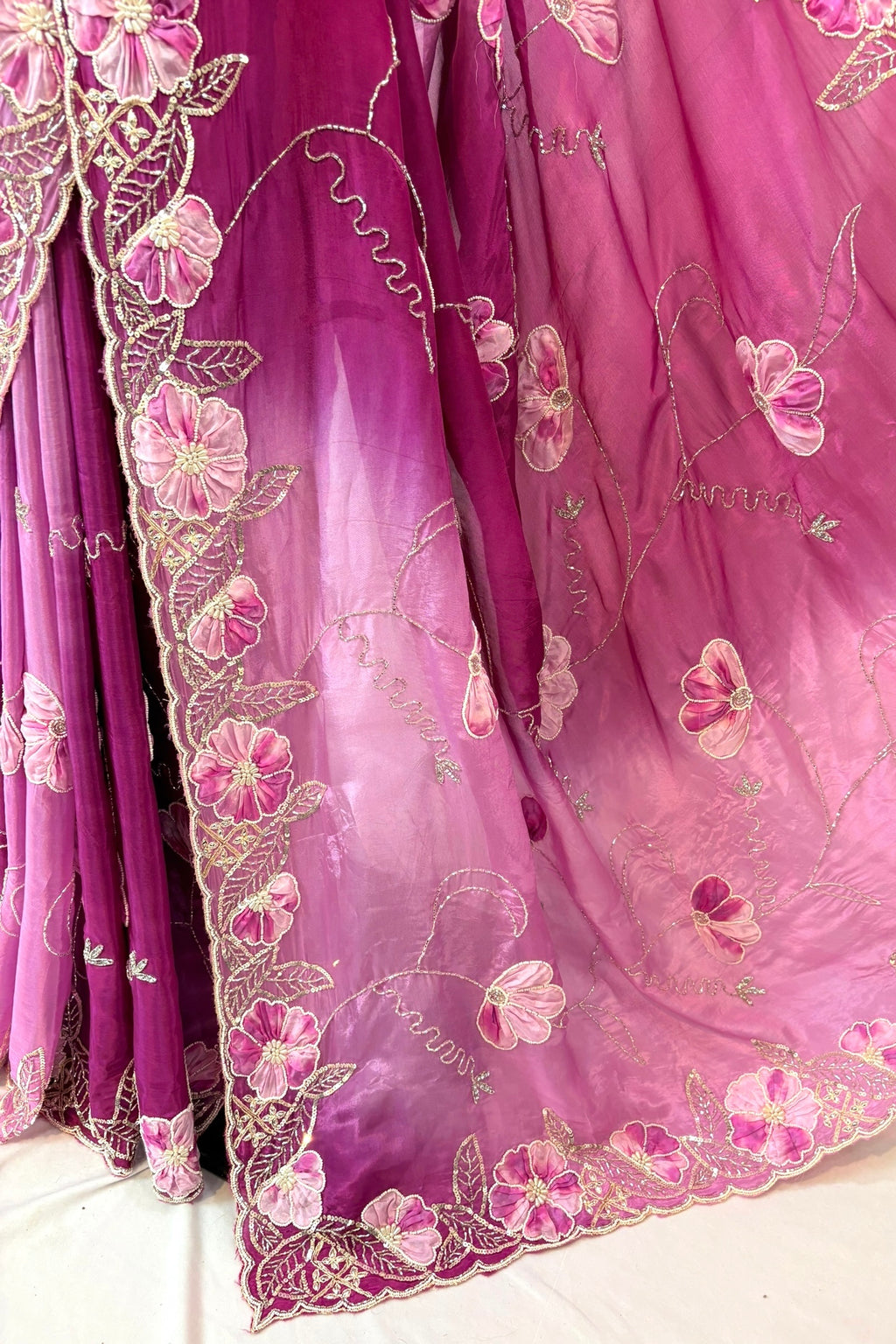 Soft satin organza shaded sequins saree -