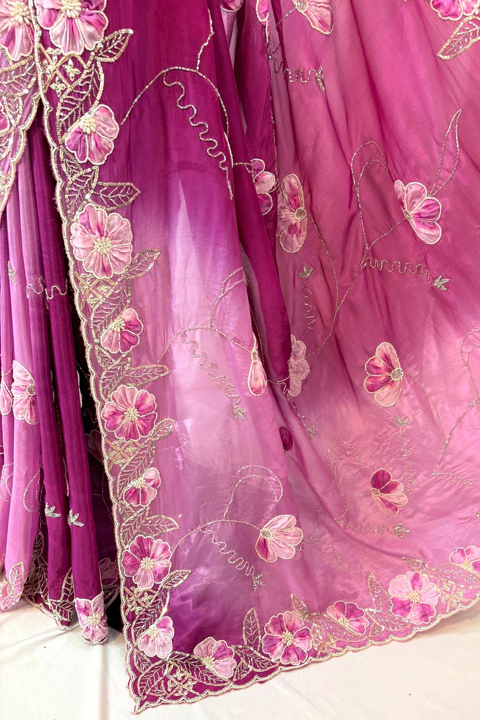 Soft satin organza shaded sequins saree -