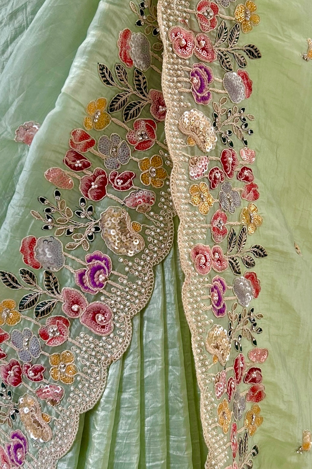 Pearl embroidered organza saree - Green