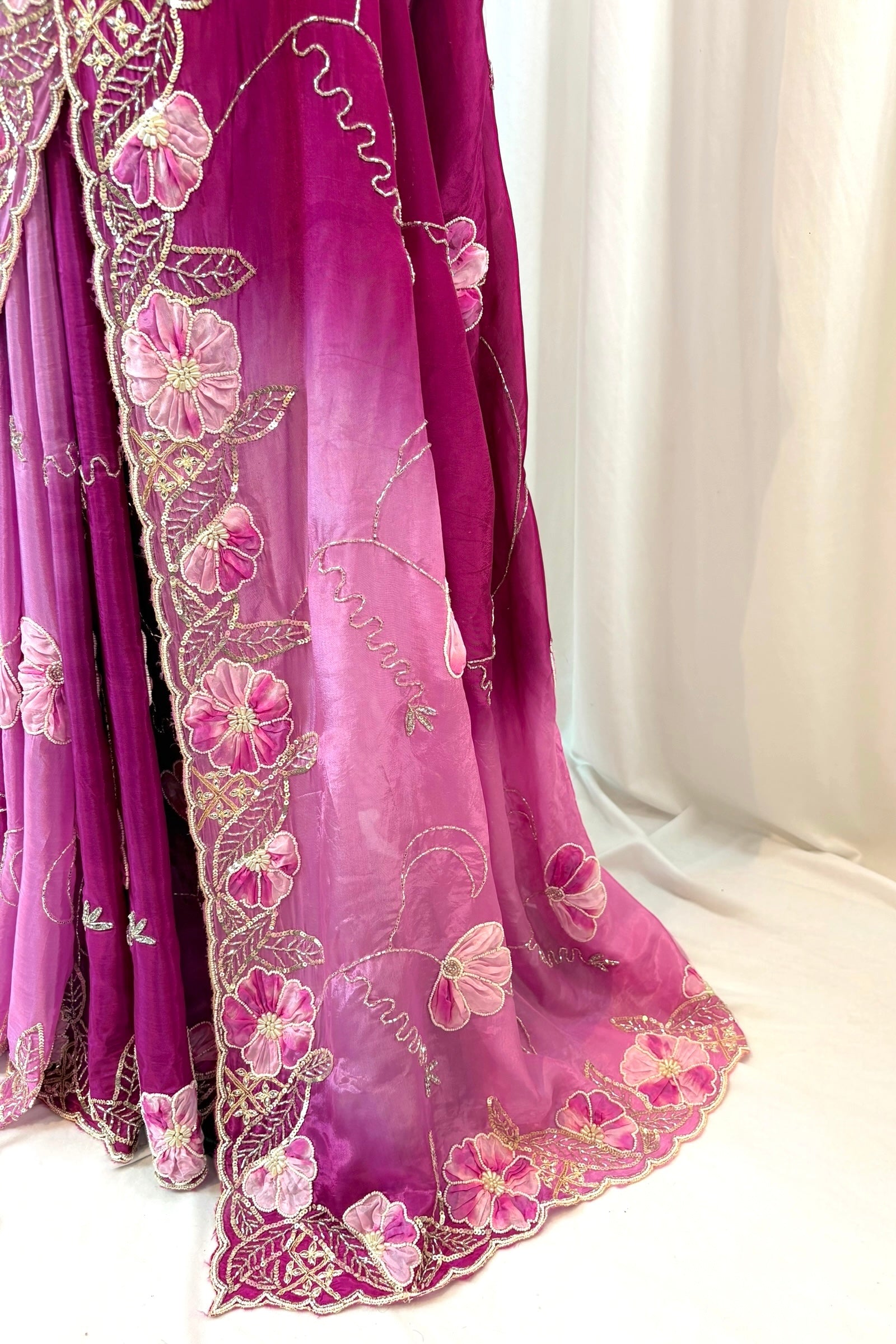 Soft satin organza shaded sequins saree -
