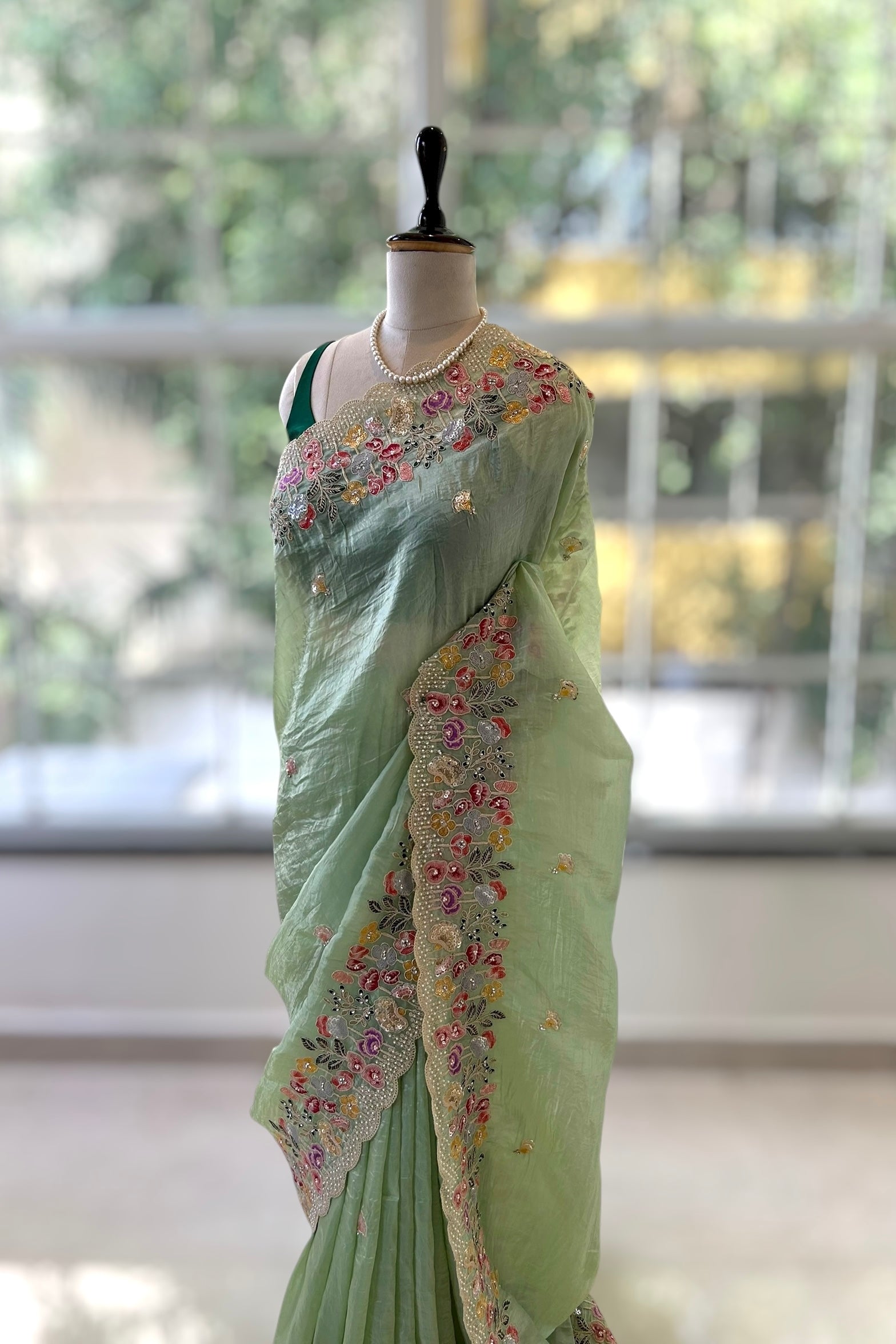 Pearl embroidered organza saree - Green