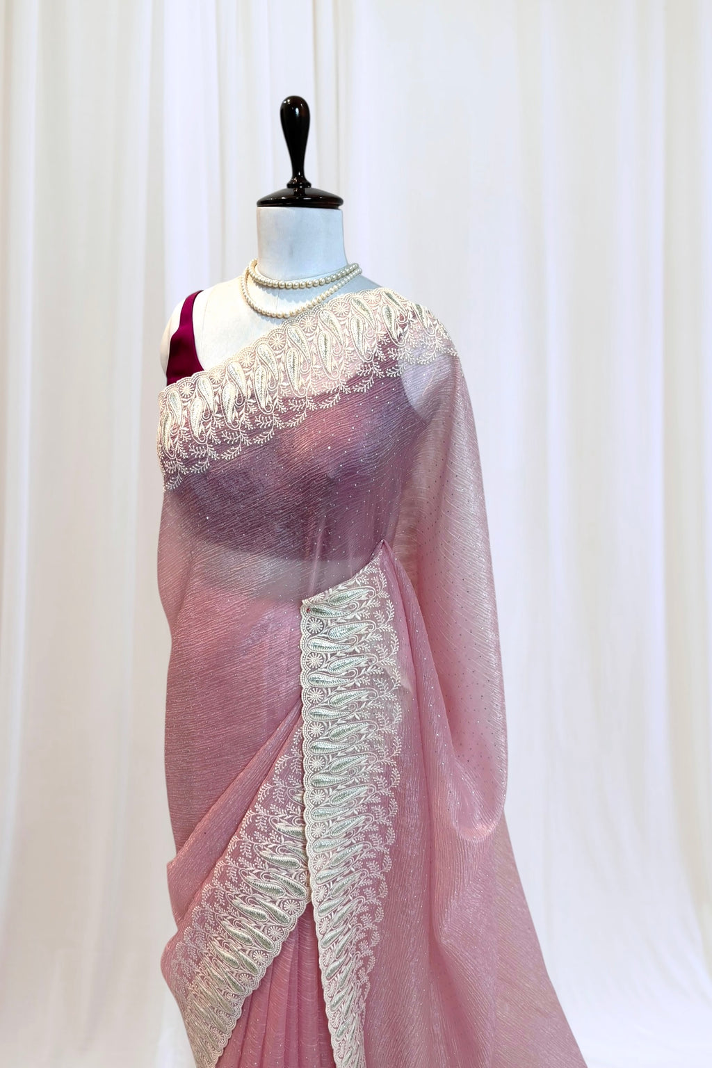 Baby pink threadwork fancy saree