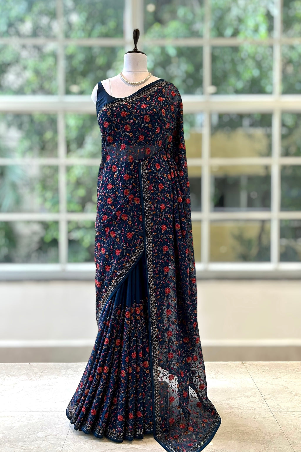 Navy blue embroidered chiffon saree