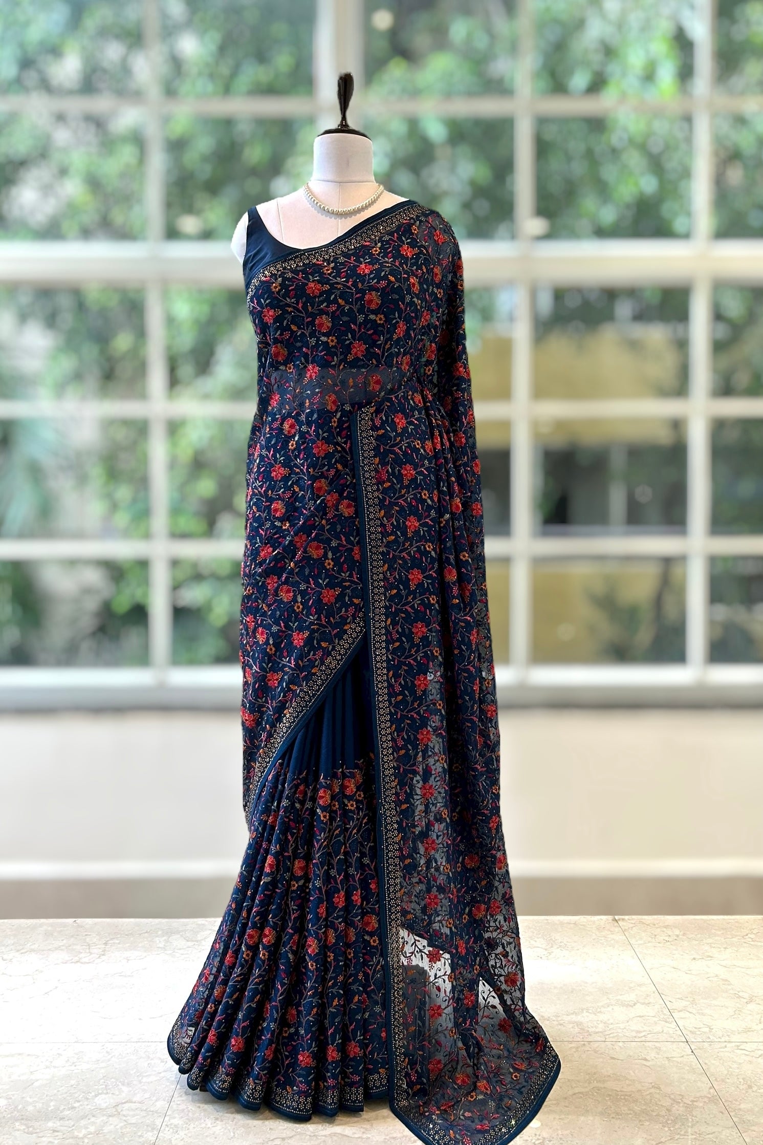 Navy blue embroidered chiffon saree