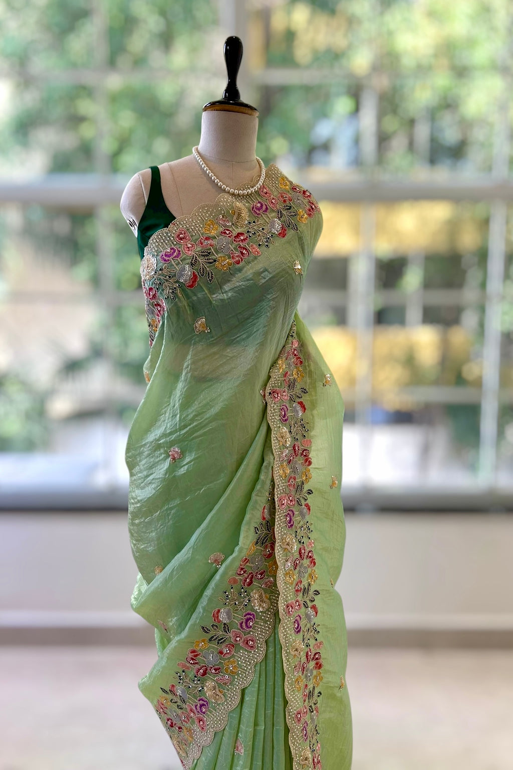 Pearl embroidered organza saree - Green