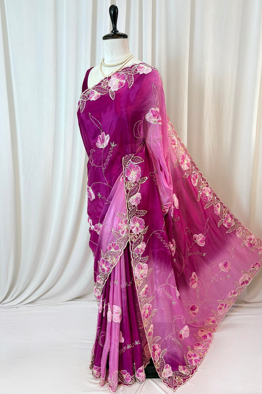 Soft satin organza shaded sequins saree -