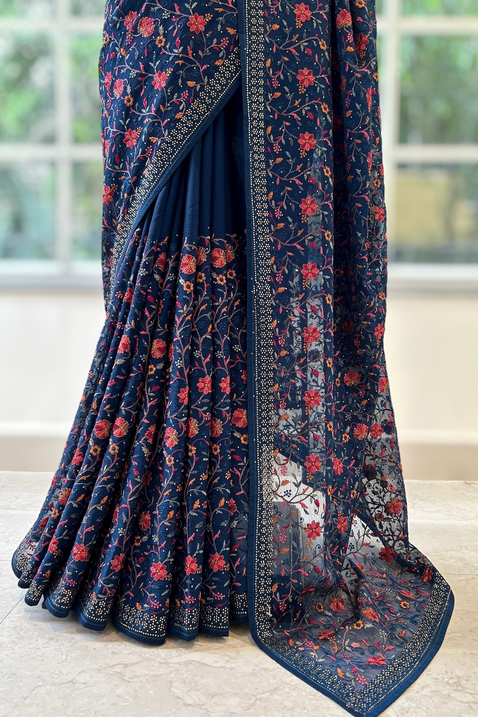 Navy blue embroidered chiffon saree